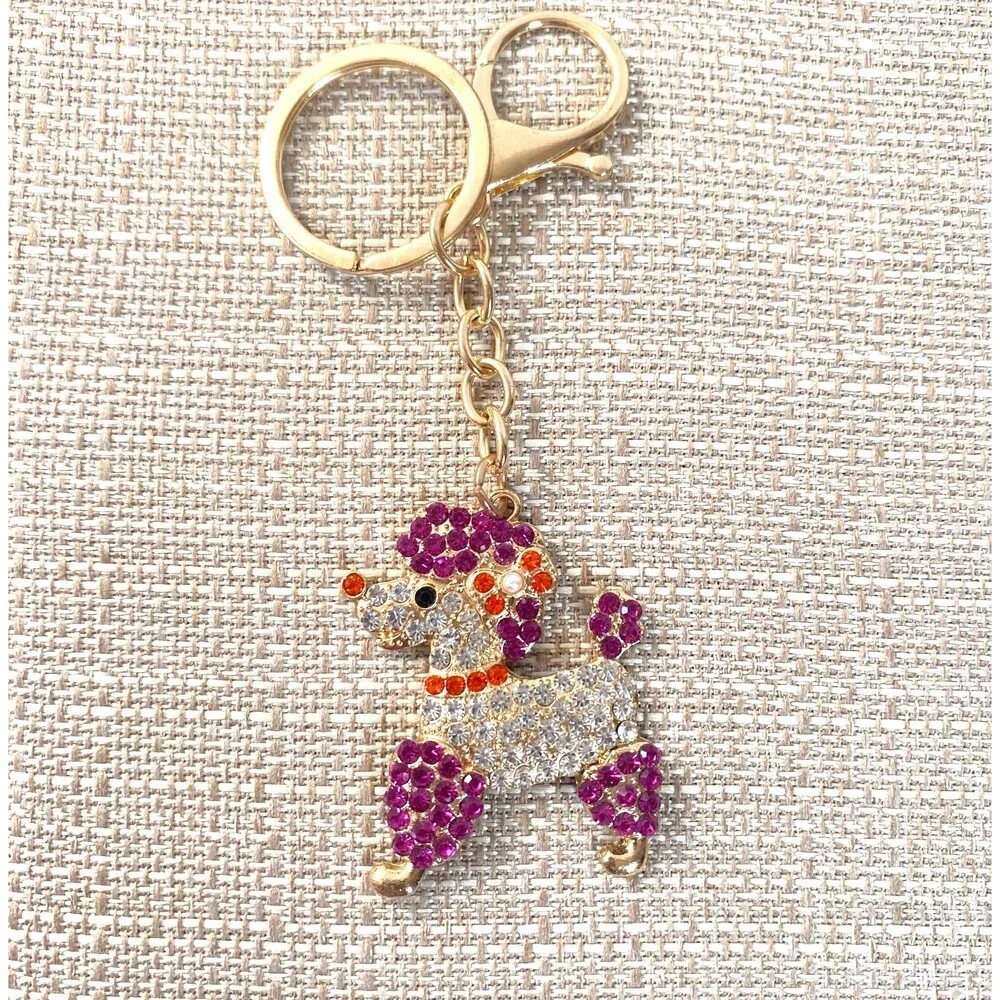 Poodle Rhinestone Charm Keychain Key Holder Purple Multi Gold Tone Metal New